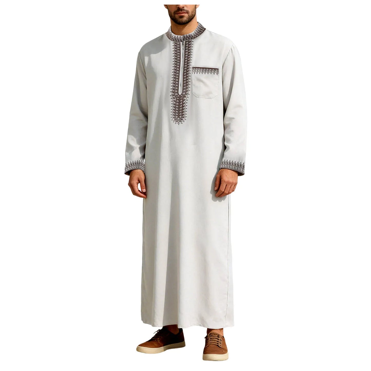 Muslim Men'S Tshirt Long Robe Men'S Robes Solid Color Stand Collarzipper Embroidery Summer Tops Festival Camisas Masculina