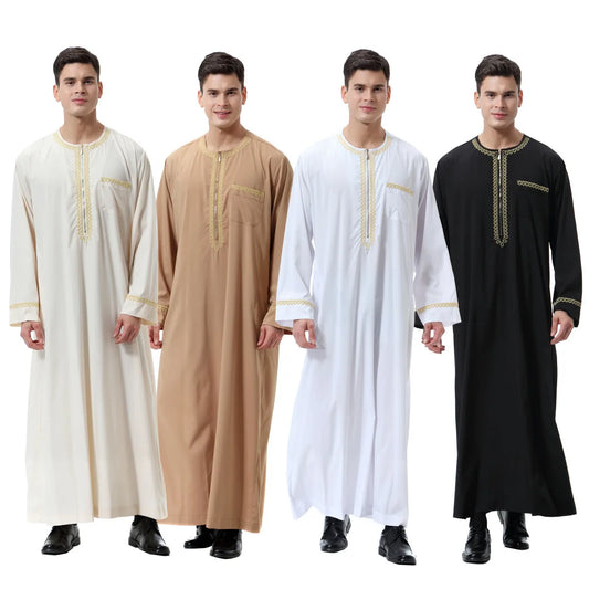 New Fashion Middle East Arab Men Long Sleeve O-neck Zipper Robe Male O-neck Ethnic India Long Shirt Casual Dress Robe