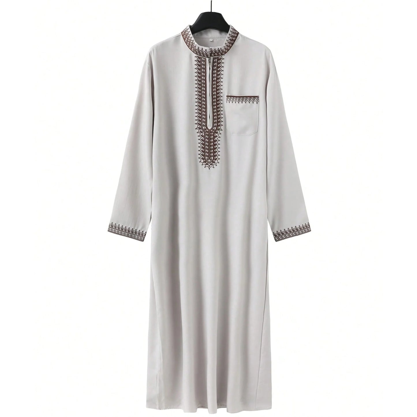 Dubai Arab Muslim men's long robe for Eid al Fitr worship, high-end elegant standing collar long sleeved black robe