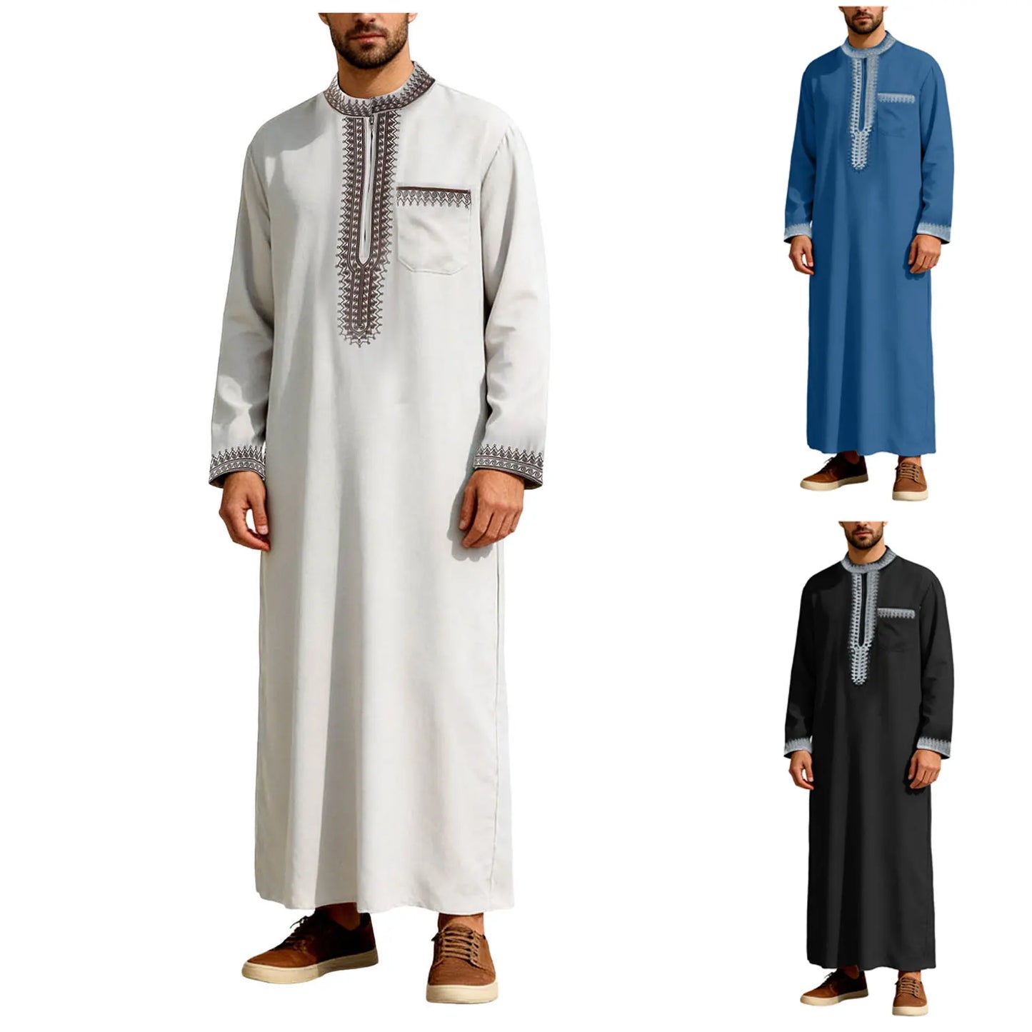 Muslim Men'S Tshirt Long Robe Men'S Robes Solid Color Stand Collarzipper Embroidery Summer Tops Festival Camisas Masculina