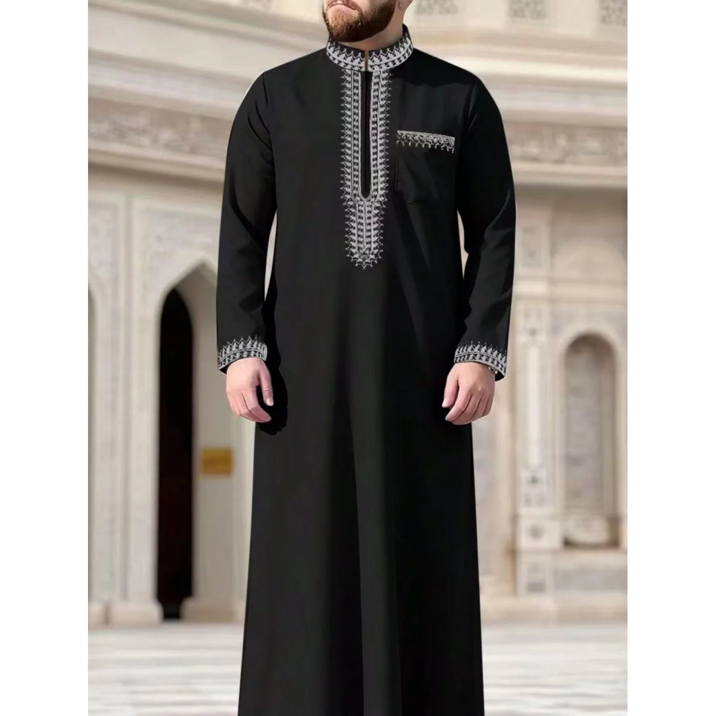 Dubai Arab Muslim men's long robe for Eid al Fitr worship, high-end elegant standing collar long sleeved black robe