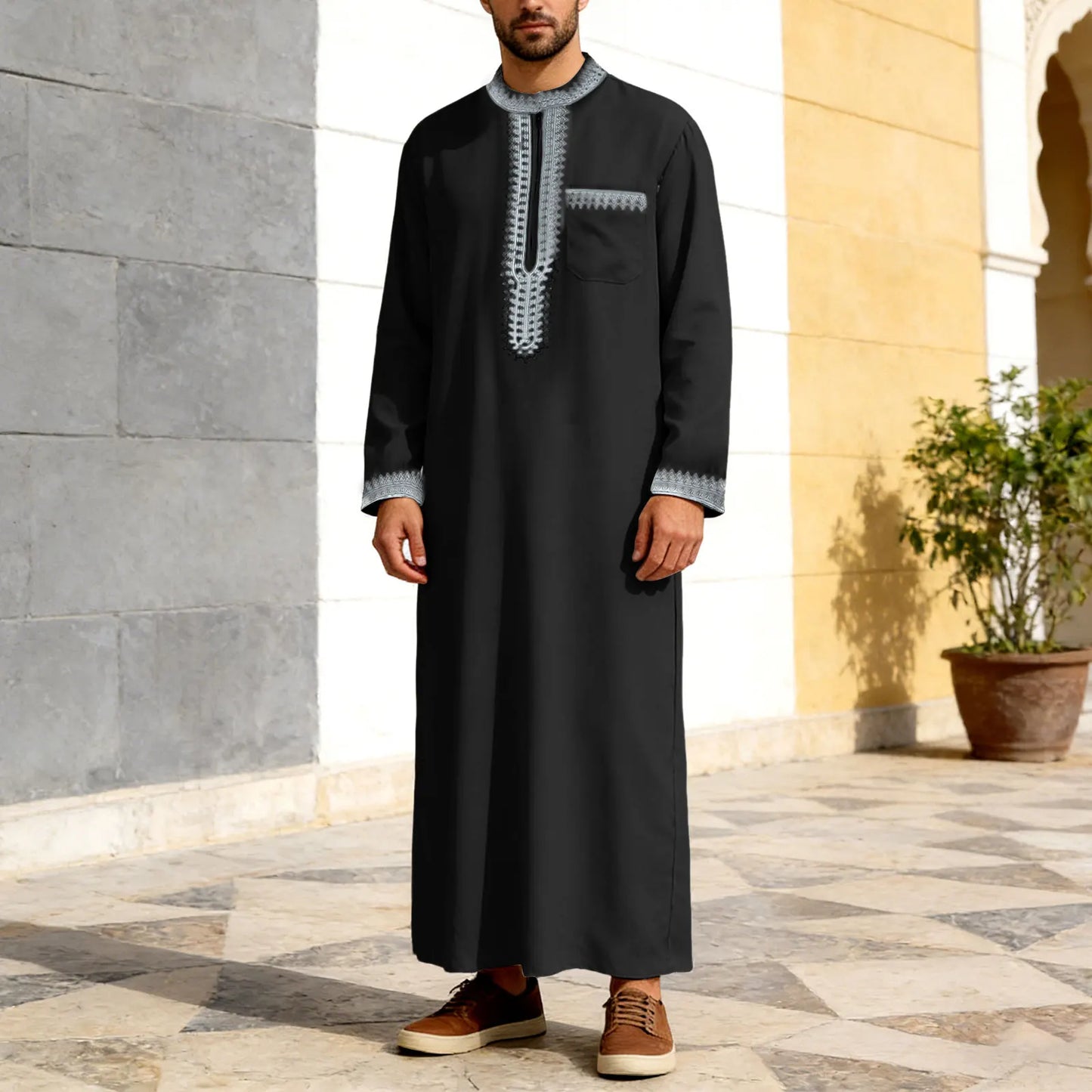 Muslim Men'S Tshirt Long Robe Men'S Robes Solid Color Stand Collarzipper Embroidery Summer Tops Festival Camisas Masculina