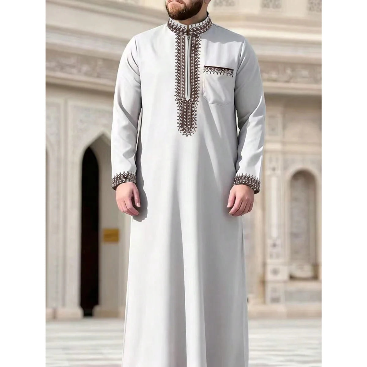 Dubai Arab Muslim men's long robe for Eid al Fitr worship, high-end elegant standing collar long sleeved black robe