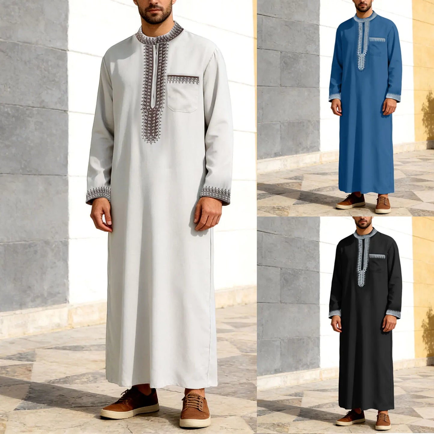 Muslim Men'S Tshirt Long Robe Men'S Robes Solid Color Stand Collarzipper Embroidery Summer Tops Festival Camisas Masculina