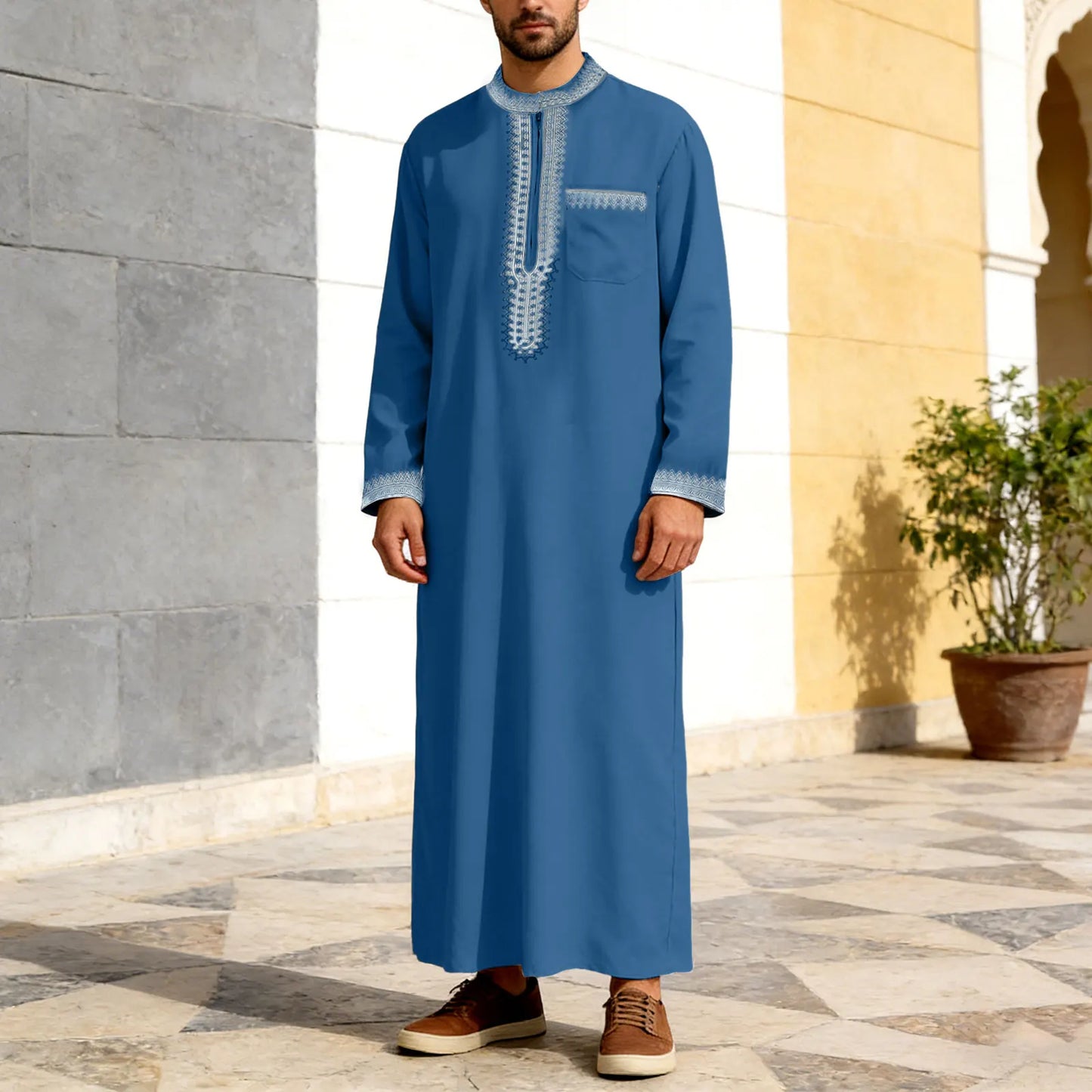 Muslim Men'S Tshirt Long Robe Men'S Robes Solid Color Stand Collarzipper Embroidery Summer Tops Festival Camisas Masculina