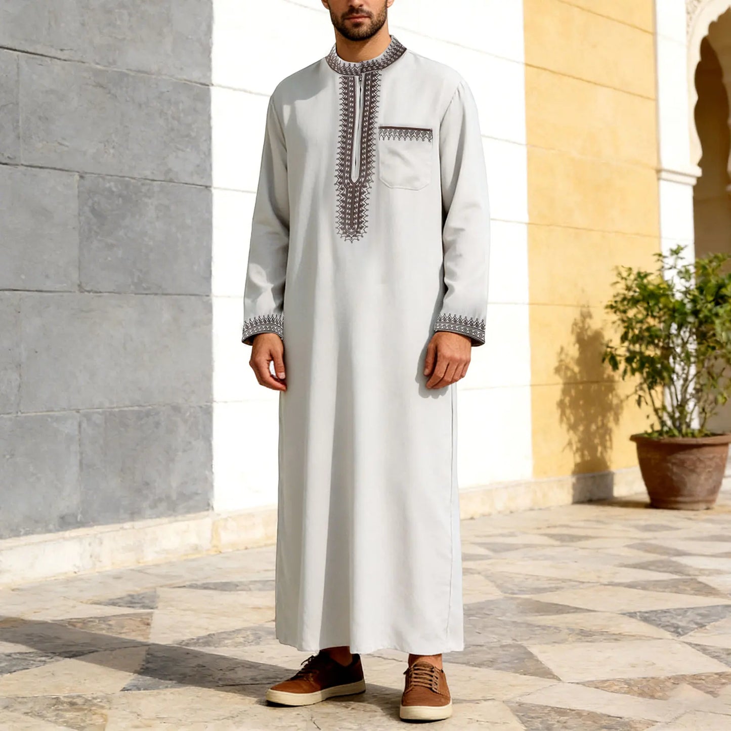 Muslim Men'S Tshirt Long Robe Men'S Robes Solid Color Stand Collarzipper Embroidery Summer Tops Festival Camisas Masculina