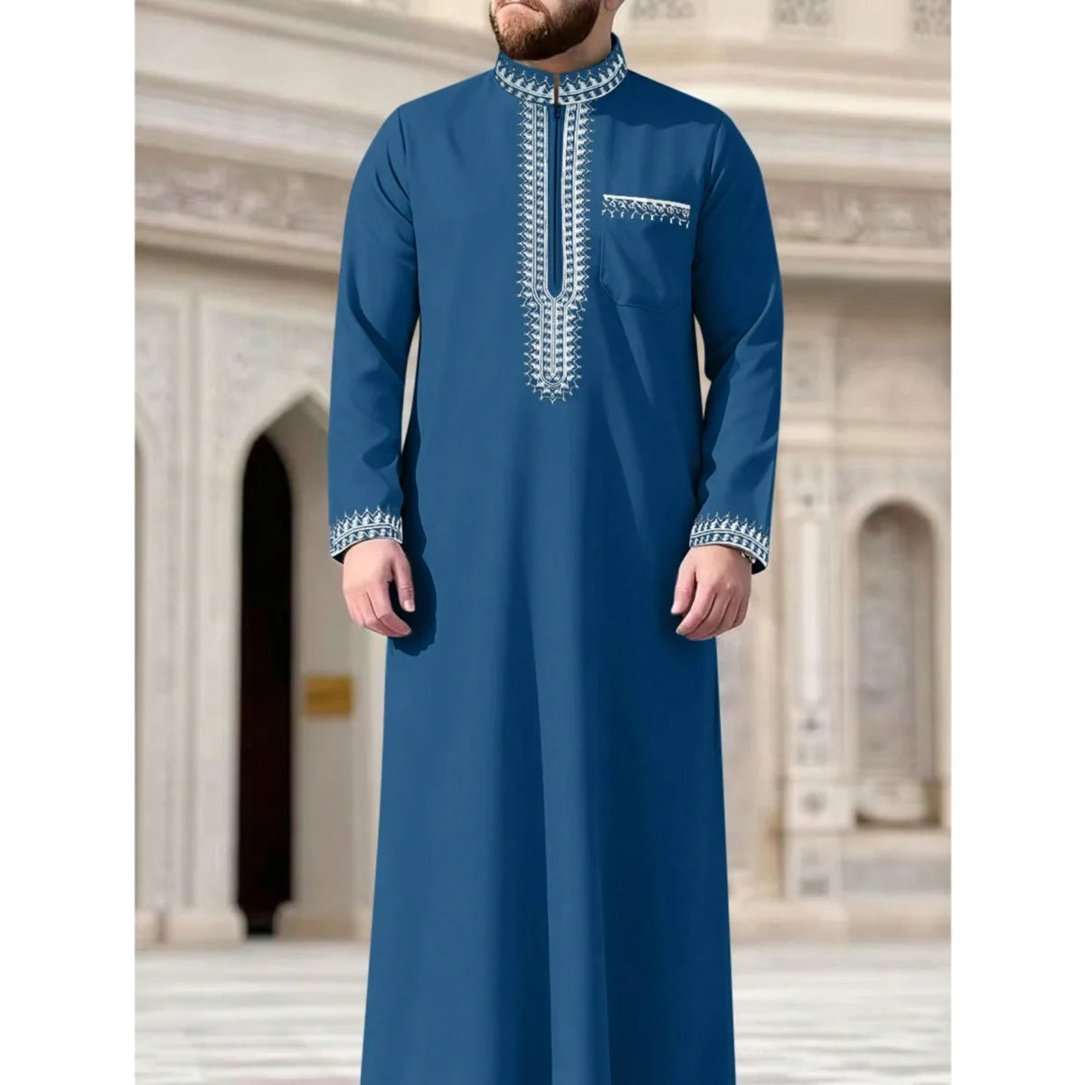 Dubai Arab Muslim men's long robe for Eid al Fitr worship, high-end elegant standing collar long sleeved black robe