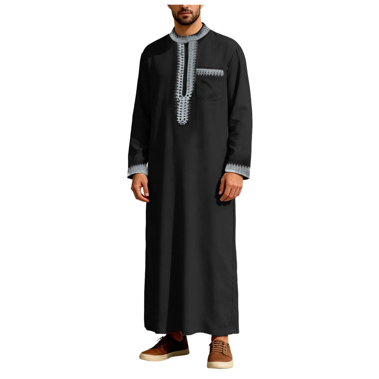 Muslim Men'S Tshirt Long Robe Men'S Robes Solid Color Stand Collarzipper Embroidery Summer Tops Festival Camisas Masculina