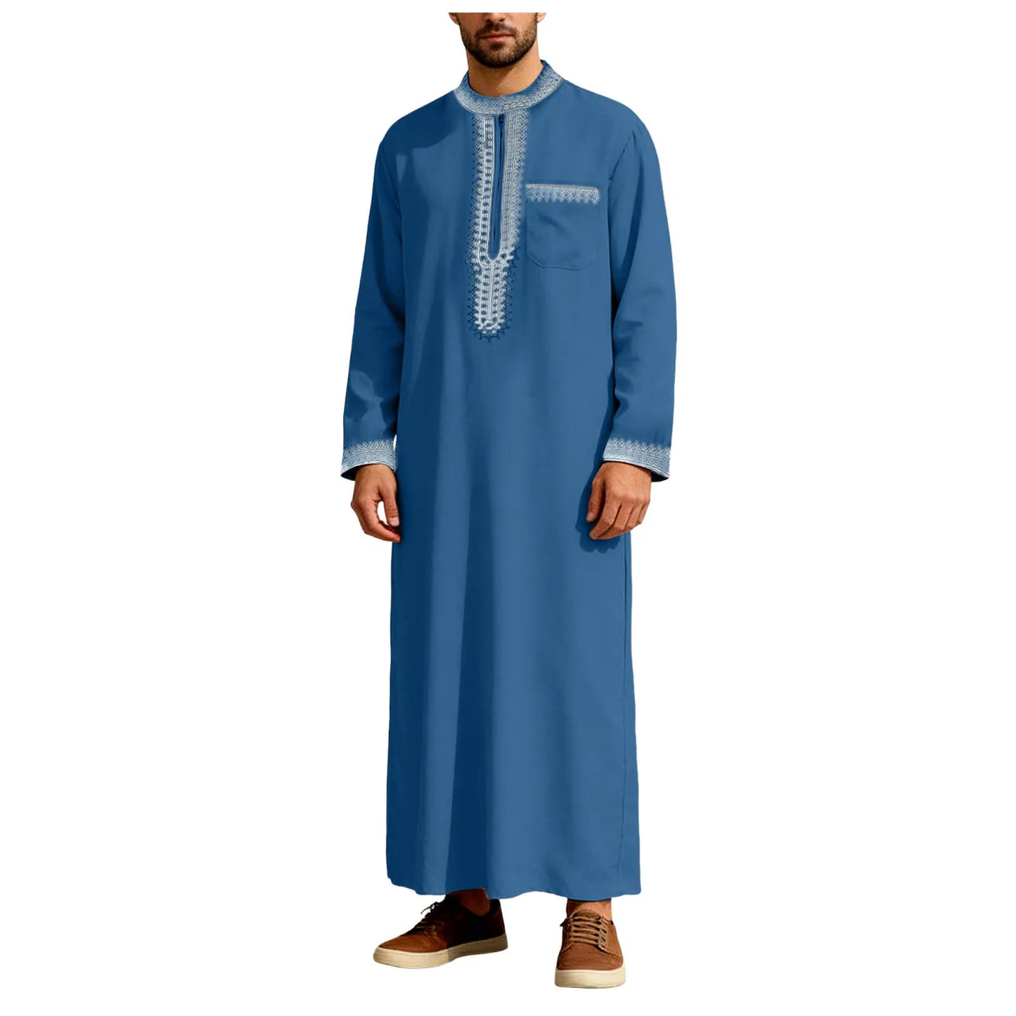 Muslim Men'S Tshirt Long Robe Men'S Robes Solid Color Stand Collarzipper Embroidery Summer Tops Festival Camisas Masculina